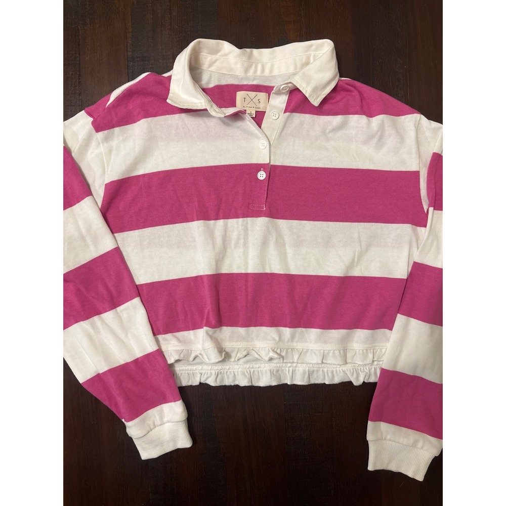 Thread & Supply TXS Pink White Striped Cropped Rugby Polo Shirt Ruffle Hem Small